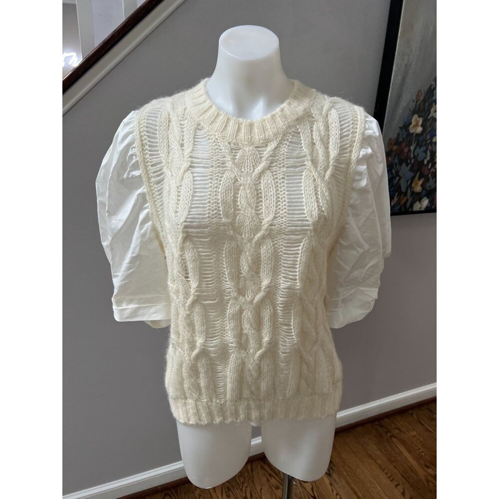 SEA NY New York Alpaca Wool Cable Knit Puff Sleeve Contrast Sweater Size Small